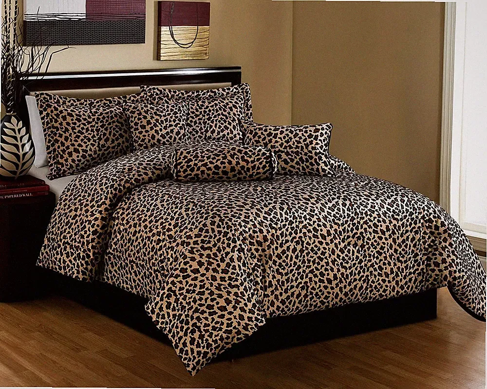 California King Leopard Print Comforter Set 7Pc Microfur Bedding Brown Black