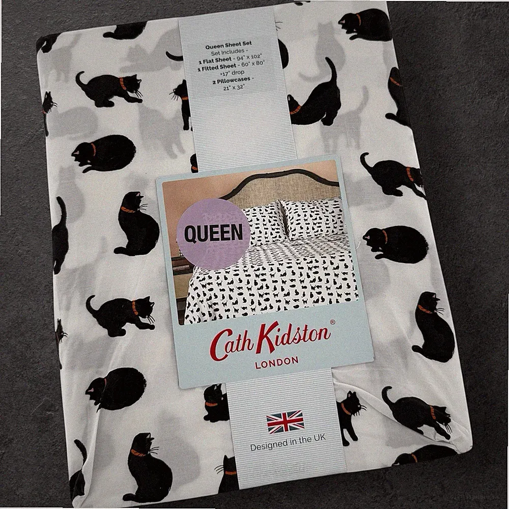Cath Kidston London QUEEN Sheet Set Black Cats HALLOWEEN 100% Cotton Percale 4pc
