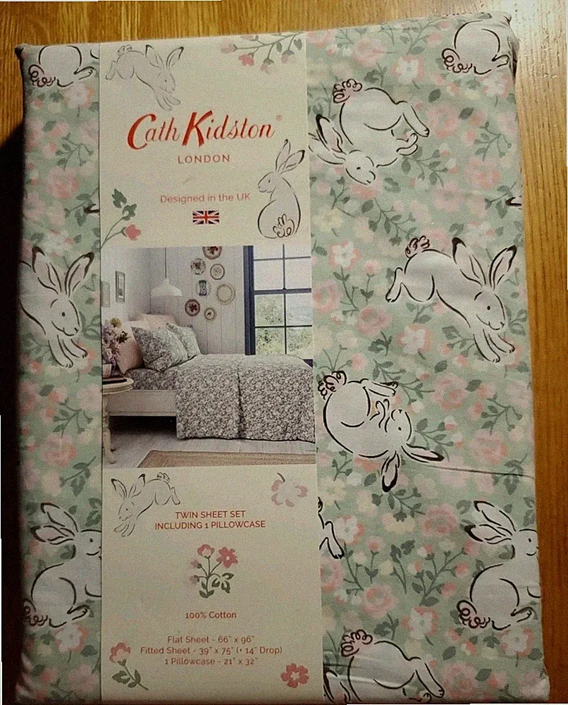 Cath Kidston London Spring Easter Jumping Bunnies Green 3pc Twin Sheet Set