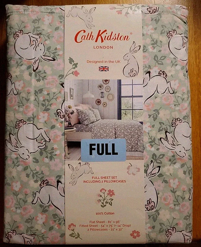 Cath Kidston London Spring Easter Jumping Bunnies Green 4pc Full Sheet Set