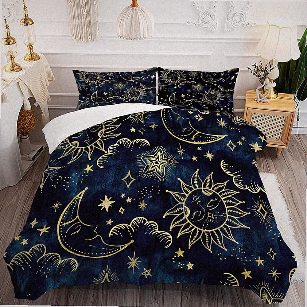 Celestial Blue Gold Comforter Set Queen - Boho Sun Moon Galaxy Bedding