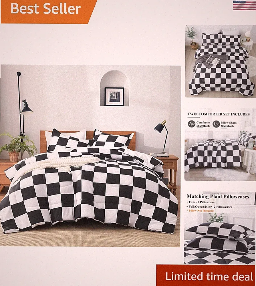 Checkered Comforter Twin66x90Inch, Black White Plaid Gingham Bed Set for Teen...