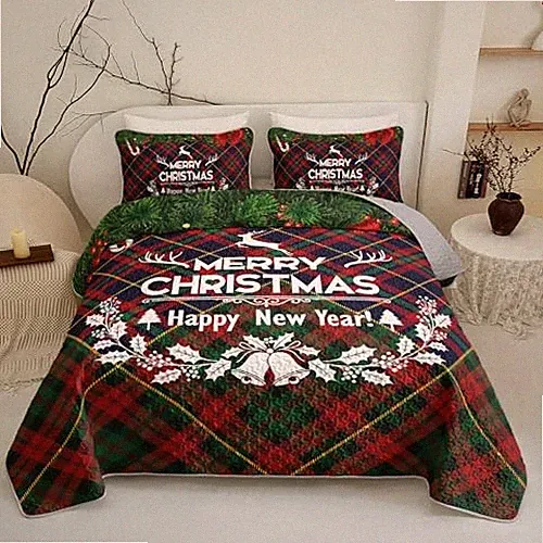 Christmas Quilt Bedding Set White and Red，Green Christmas Tree Deer Queen Y72-6