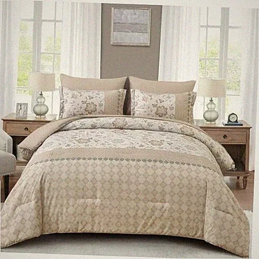 Comforter Set 7 Pieces Bed in a Bag Floral Geometric Patchwork Queen Beige