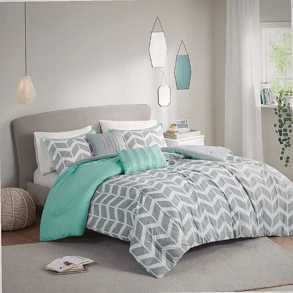 Comforter Set Queen Blue Gray White Chevron Print Pillow Sham Modern Bedding