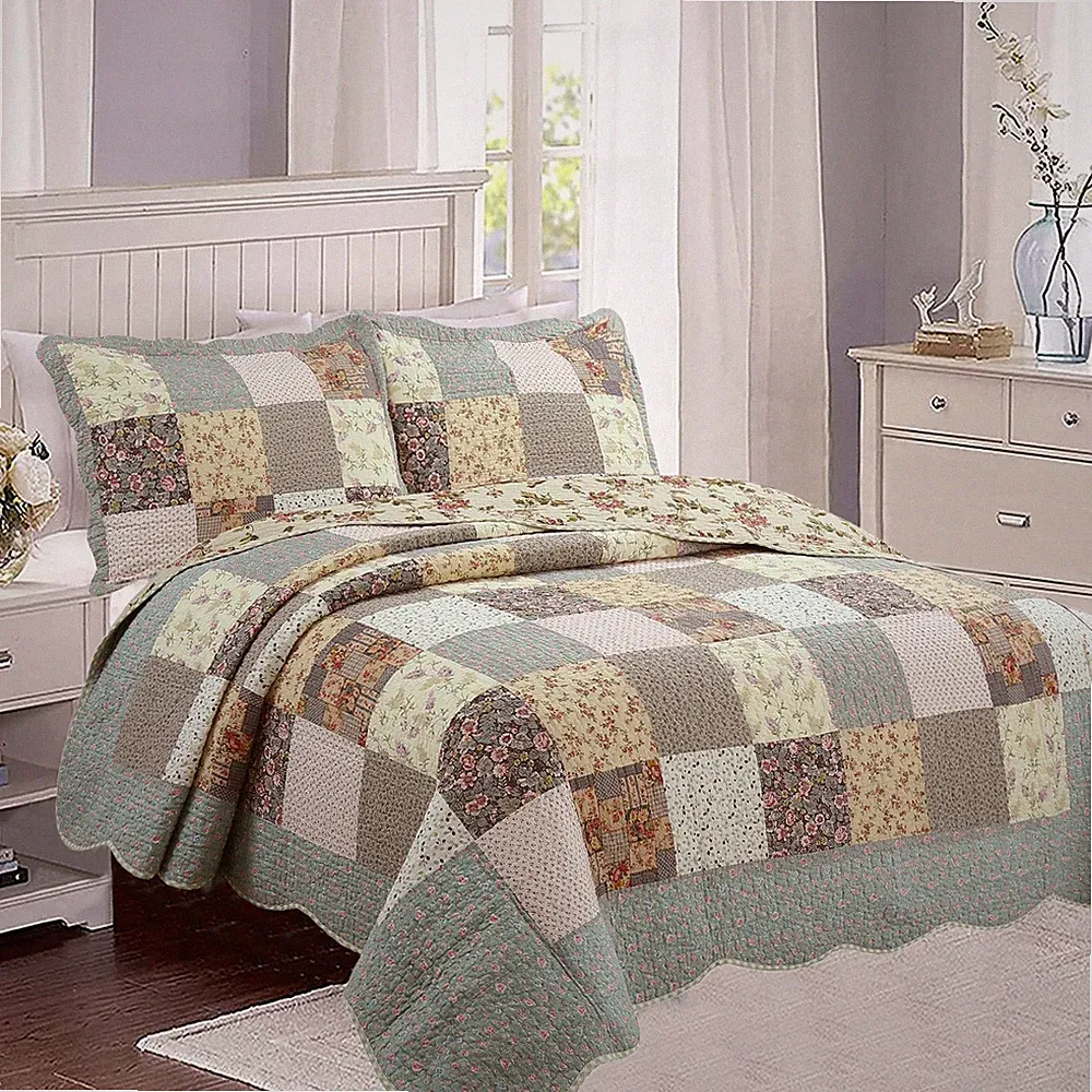 Country Floral Chic Scalloped Real Patchwork Cotton 3-Piece Quilt Bedding Set