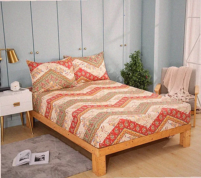 DaDa Bedding Botanical Boho Cranberry Sage Chevron Floral Fitted Bed Sheet Set