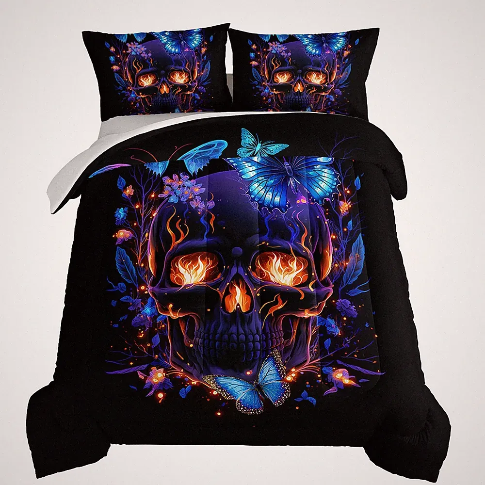 Death Skull Heads Comforter Gothic Bedding Sets,Horror Theme Halloween Beddin...
