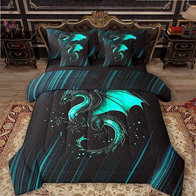 Dragon Comforter Set Queen Size 7 Pieces for Kids Ombre Black Green Bed in a Bag