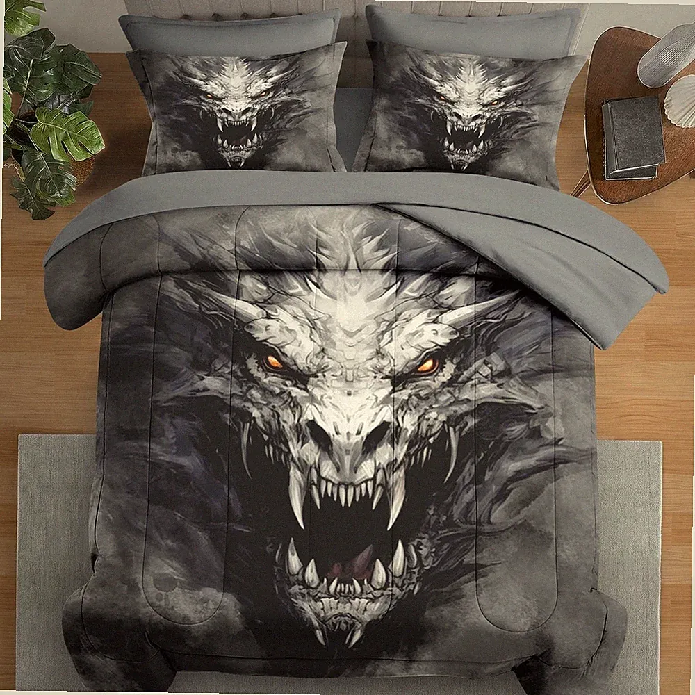 Dragon Gray Twin Bedding Set: 5 Pcs Skeleton Bed Sheet & Pillowcase for Decor