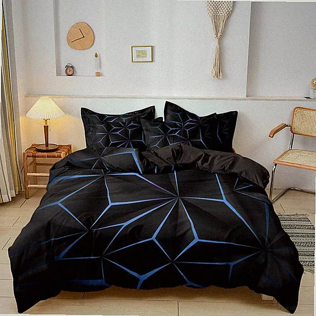 Duvet Cover Set Full Size, Blue and Black Digital Geometric Printed Comforter...