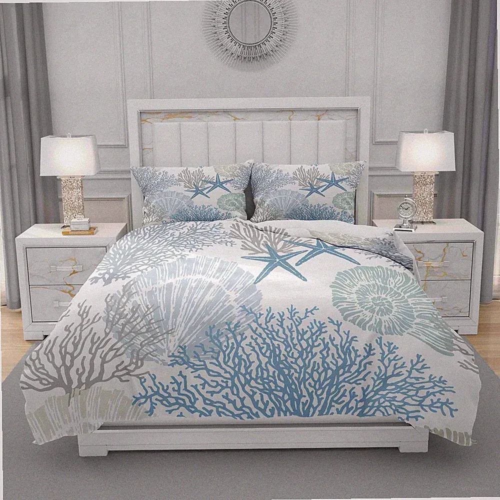 Duvet Cover Set Queen Size, Blue Nautical Coastal Starfish 3 Piece Bedding Du...