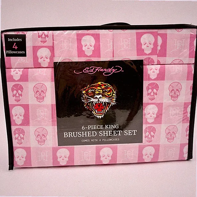 Ed Hardy 6 Piece King Brushed Sheet Set Pink Skulls Tiger Print