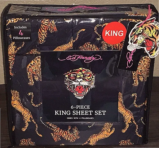 Ed Hardy Black with Crouching Tigers Print 6pc KING Sheet Set with 4 Pillowcases