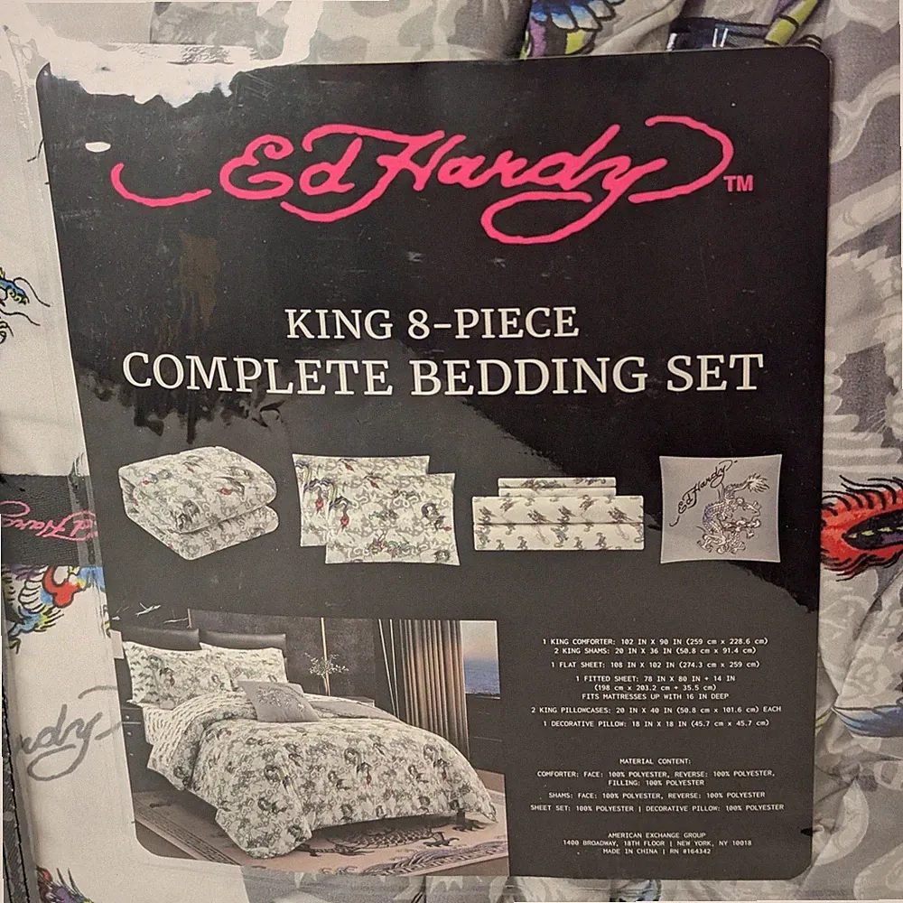 Ed Hardy King Dragon Tattoo Skull Gray White Comforter Set Shams, Pillow, Sheets