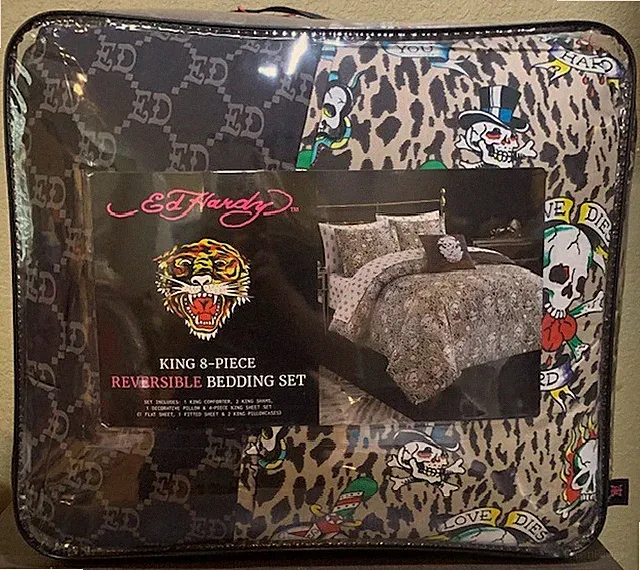 Ed Hardy Leopard Print with Skulls 8pc KING Set Comforter, Shams,Sheets &Pillow