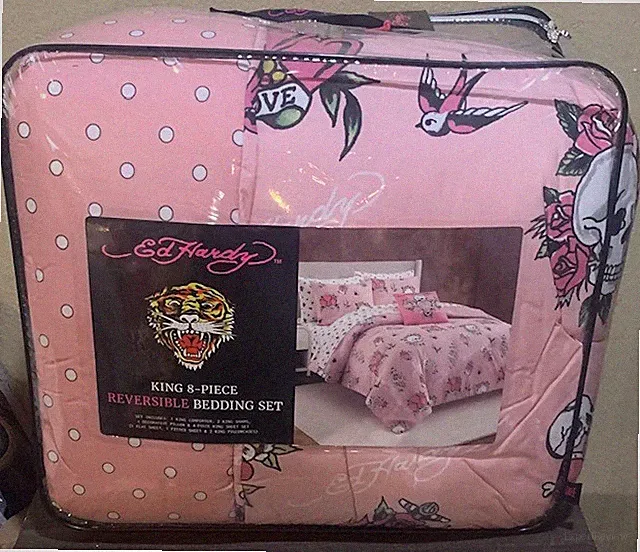 Ed Hardy Pink w/Hearts,Roses,Skulls 8pc KING Set Comforter, Shams,Sheets &Pillow