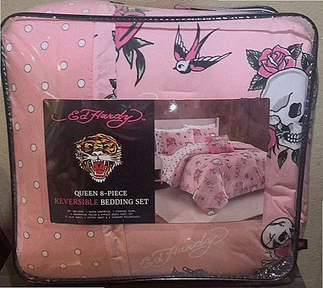 Ed Hardy Pink w/Hearts,Roses,Skulls 8pc QUEEN Set Comforter,Shams,Sheets &Pillow