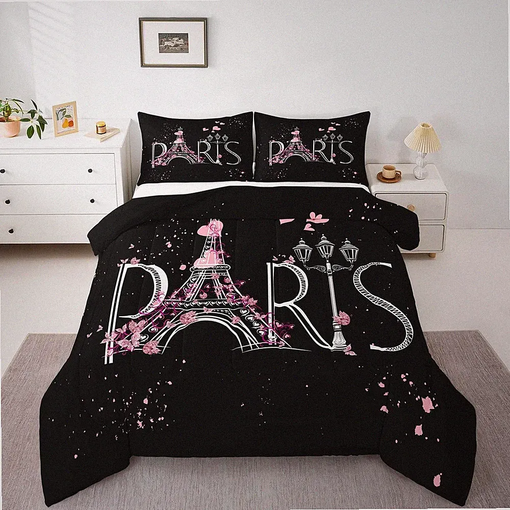 Eiffel Tower Comforter Set Chic Paris Bedding Set Romantic Theme Comforter for B