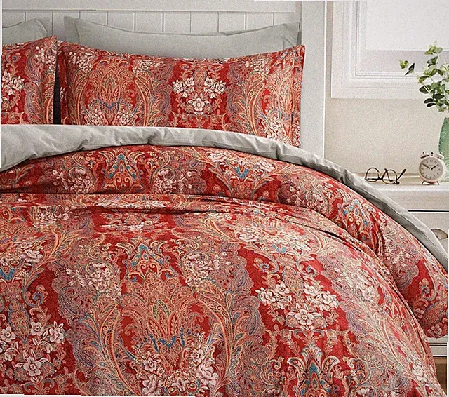 Eikei Boho Paisley Print Luxury Duvet Cover Set Damask Medallion Gold Red Queen