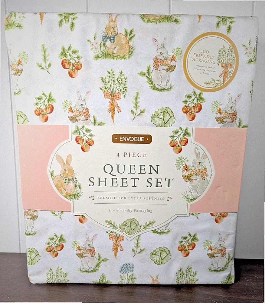 EN VOGUE EASTER BUNNY QUEEN SHEET SET 4 PIECE, BRUSHED EXTRA SOFT