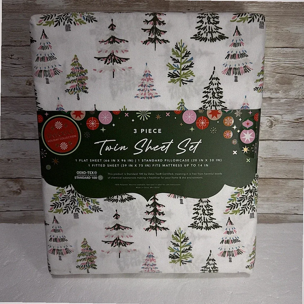 Envogue Holiday Collection Christmas Tree 3-Piece Twin Sheet Set Trees NWT