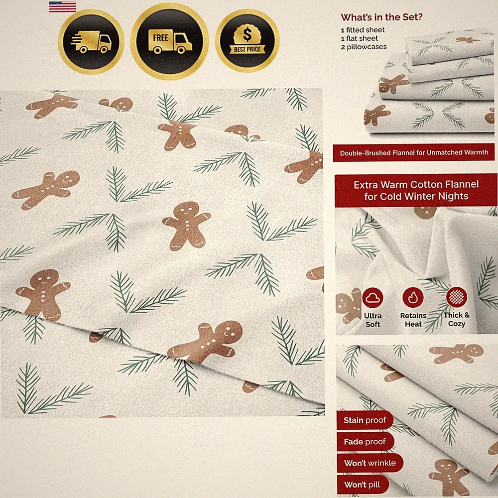 Flannel Christmas Sheets Queen Warm Cozy Heavy Winter Bedding Set