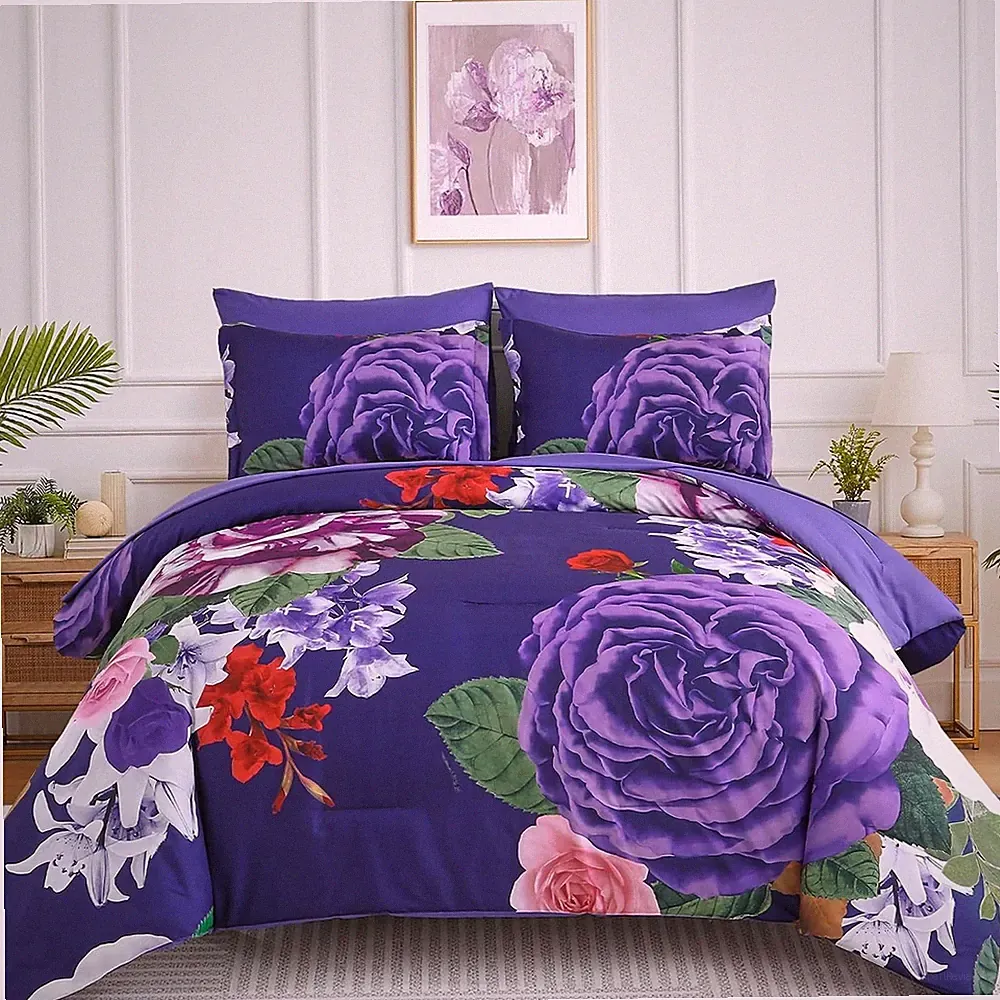 Floral Comforter Size 7 Pieces Bedding Sets Bed in a Bag, Queen Dark Purple