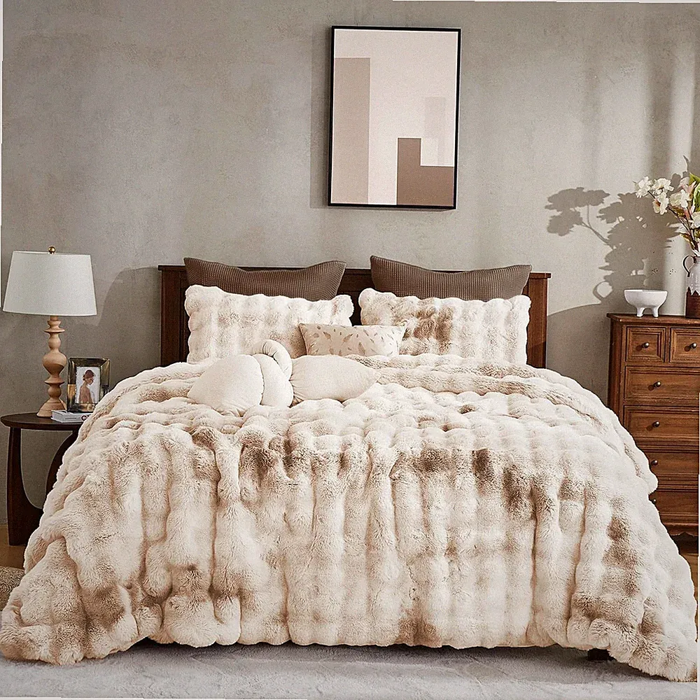 Fluffy Faux Rabbit Fur Bubble Comforter Set - Queen, Beige Tie-Dye Fuzzy Bedding