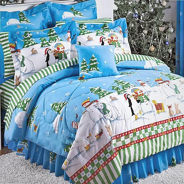 FROSTY SNOWMAN CHRISTMAS VILLAGE BLUE TWIN Size Comforter Set AND SHEET SET