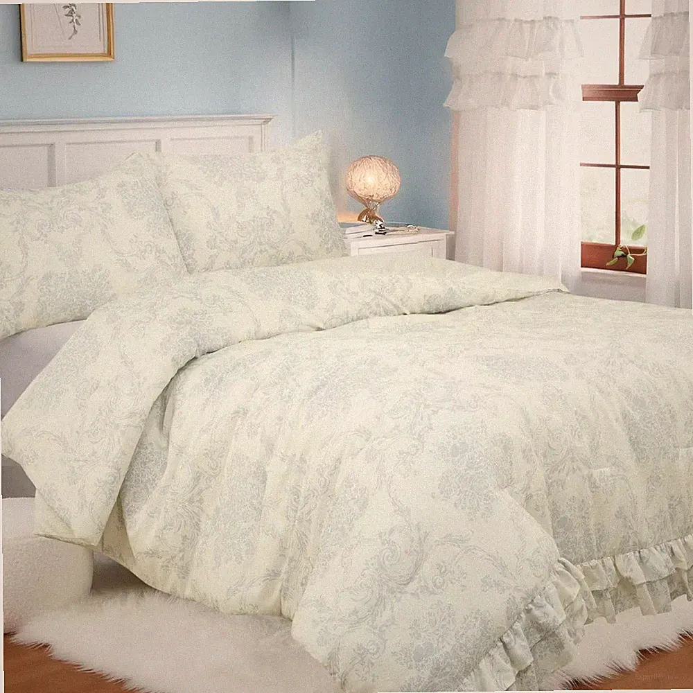 Full/Queen Ruffle Comforter Set Blue Floral