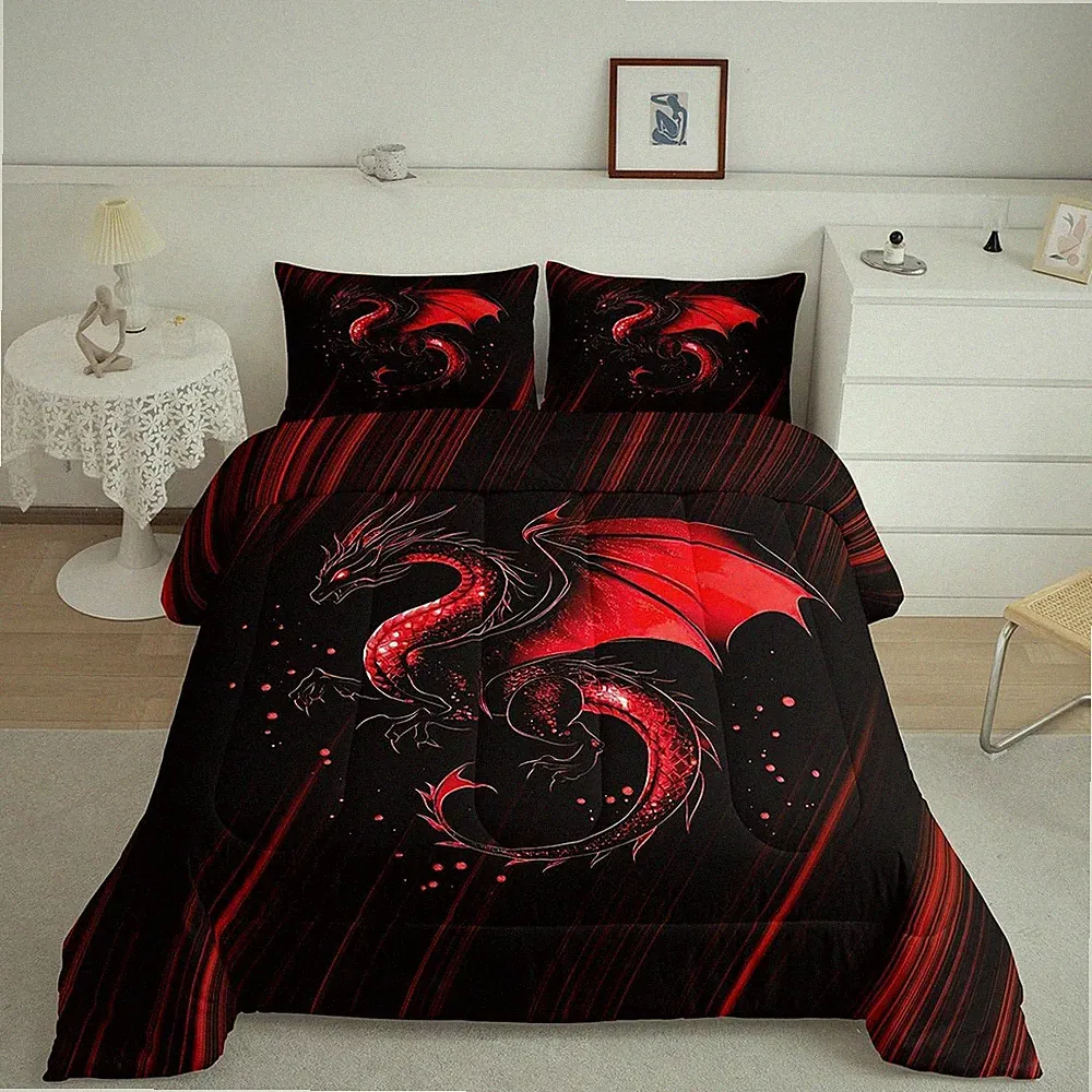Full Size Red Black Ombre Comforter Set Dragon Bedding Set Chinese Dragon Comfor