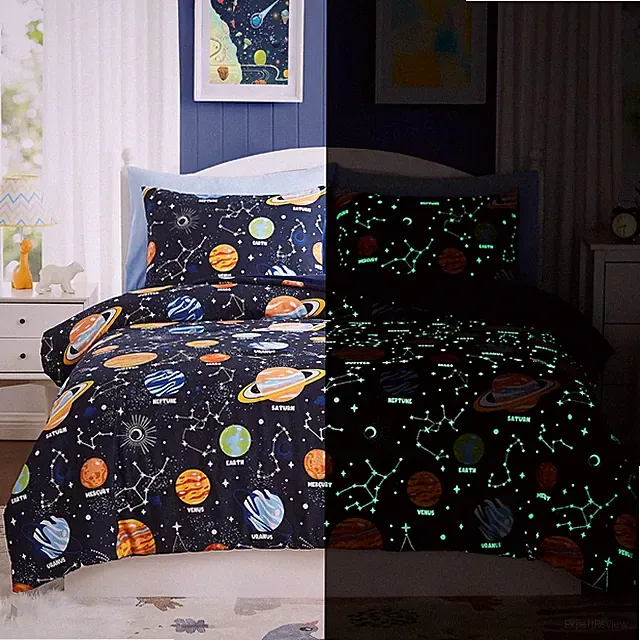 Glow in the Dark Space Queen Comforter Set - 7 Piece Bedding for Kids