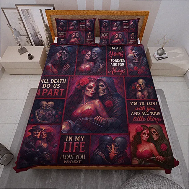 Gothic Skeleton Couple Till Death Do Us Part Romantic Dark Love Quilt Bed Set