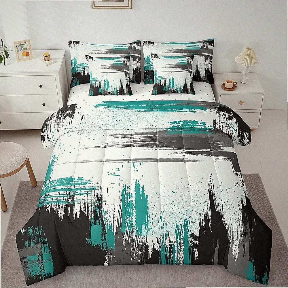 Grey Ombre Comforter Set 7 Pieces Oil Painting Queen Bedding Sets,Watercolor Bed