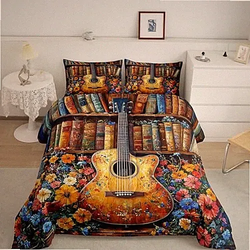 Guitar Kids Comforter Sets,Farmhouse Music Themed Bedding Comforter King Brown