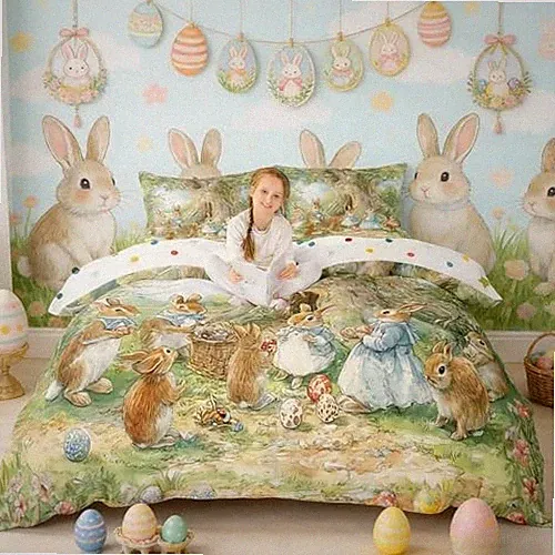 Happy Easter Duvet Cover Set Full Size,Cartoon Full(no comforter) Blue Green