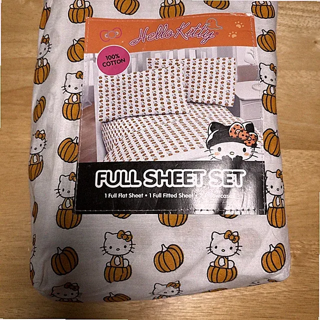Hello Kitty Full Sheet Set Halloween Pumpkins 4 Pc Set Flat Fitted Pillowcases