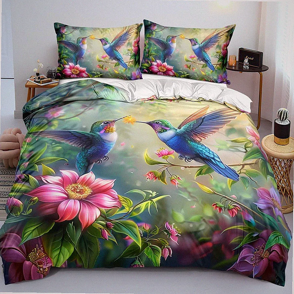 Hummingbird Duvet Cover Queen Size Green Floral Bird Botanical Bedding Set 3...
