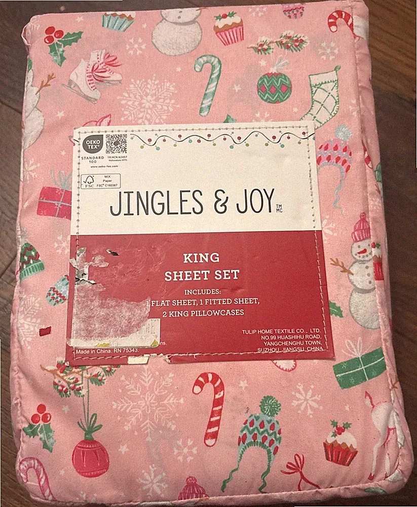 Jingles & Joy Pink Christmas King Sheet set, Candy Cane, Snowman, Ice
