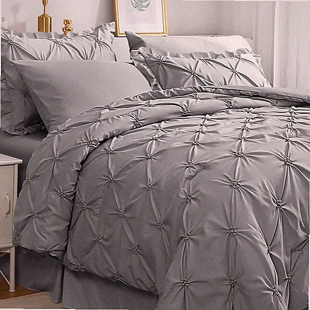 JOLLYVOGUE Grey Queen Comforter Set, 7 Pieces Pintuck Comforters Queen Size,...