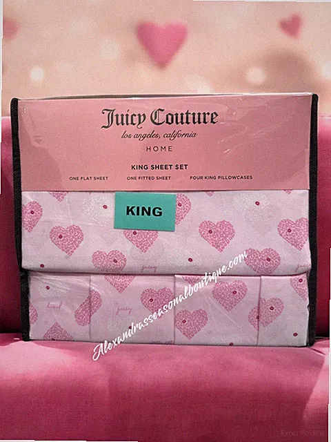 Juicy Couture King Sheet Set 6 PC Pink Leopard Print Hearts Lettering Lips New