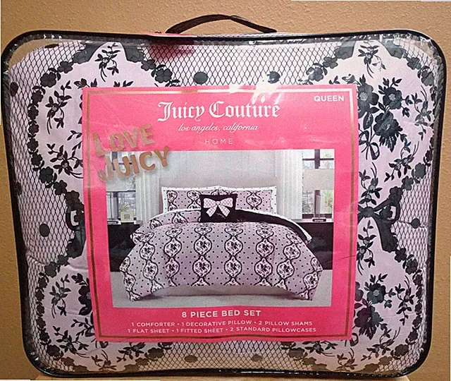 Juicy Couture Pink w/Floral&Lace Print &Coquette Bows Sheets QUEEN Comforter Set
