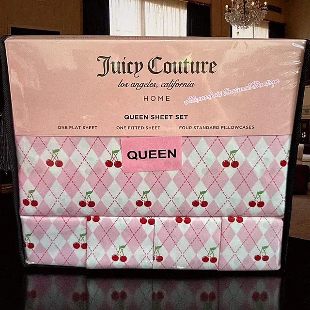 Juicy Couture Queen Sheet Set 6 PC Pink Argyle And Cherry Pattern New
