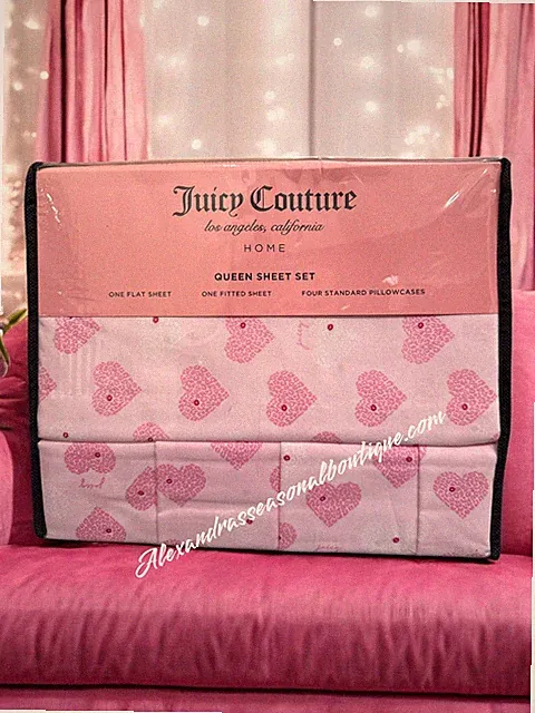 Juicy Couture Queen Sheet Set 6 PC Pink Leopard Print Hearts Lettering Lips New