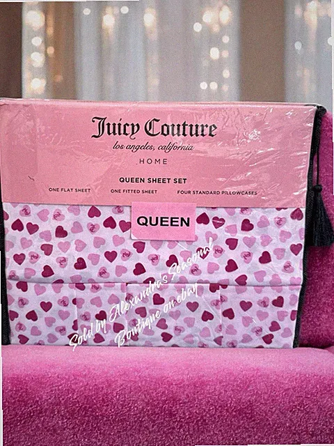 Juicy Couture Queen Sheet Set 6 PC Pink Logo Lettering Print Hearts Love New
