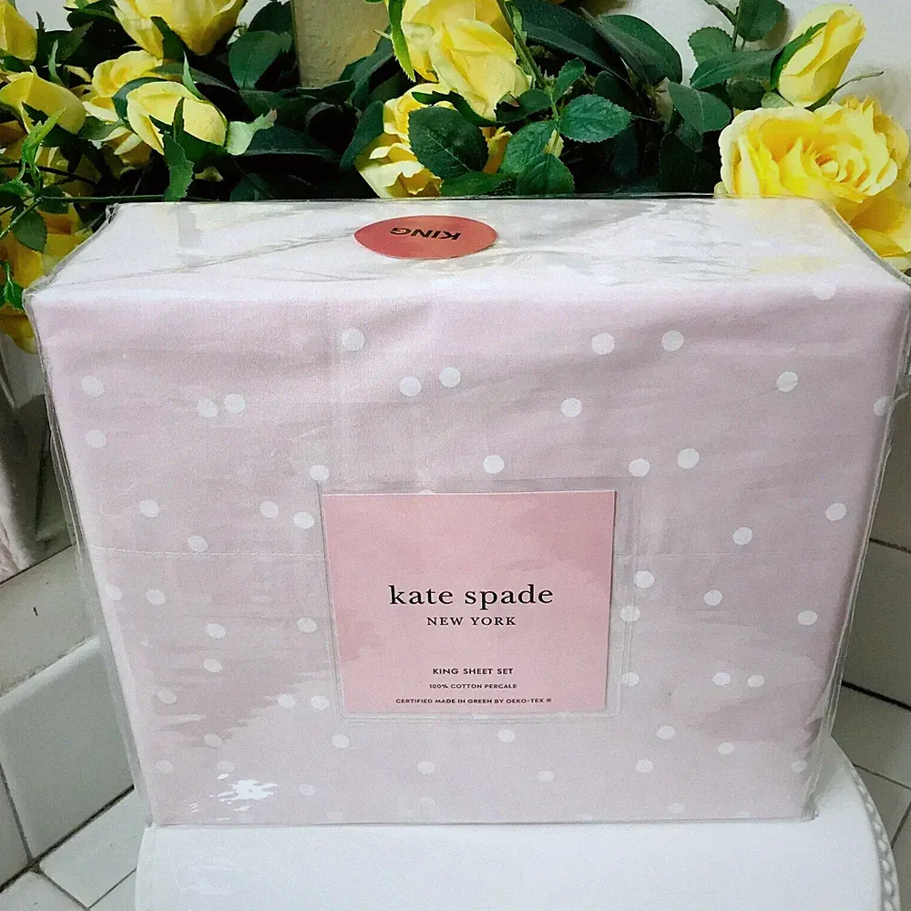 Kate Spade NY Pink Polka Dot King Size Bedding Cotton Percale 4-Pc Bed Sheet Set