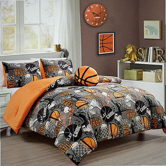 Kids Bedding Set Slam Dunk Sports Basketball Comforter Set w/ Basketball Pillow