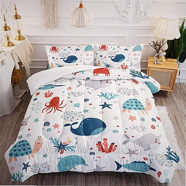 Kids Turtle Comforter Set Full Beach Theme Dolphin Starfish Seaweed Bedding Set