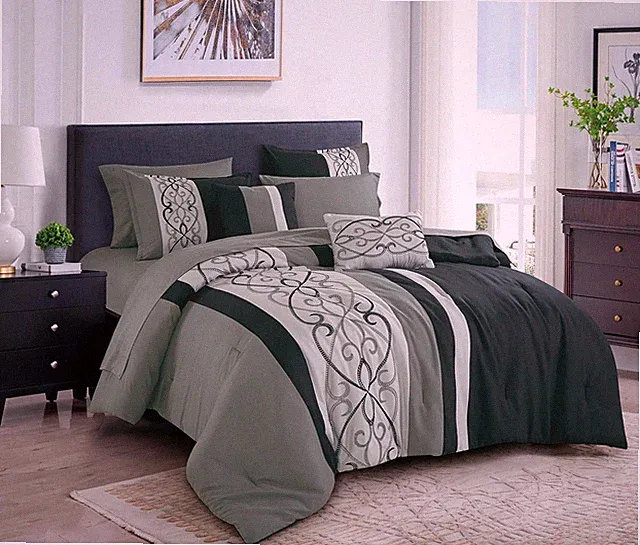 King 9-Piece Grey & Black Comforter Set with Sheets - Scroll Embroidery Design